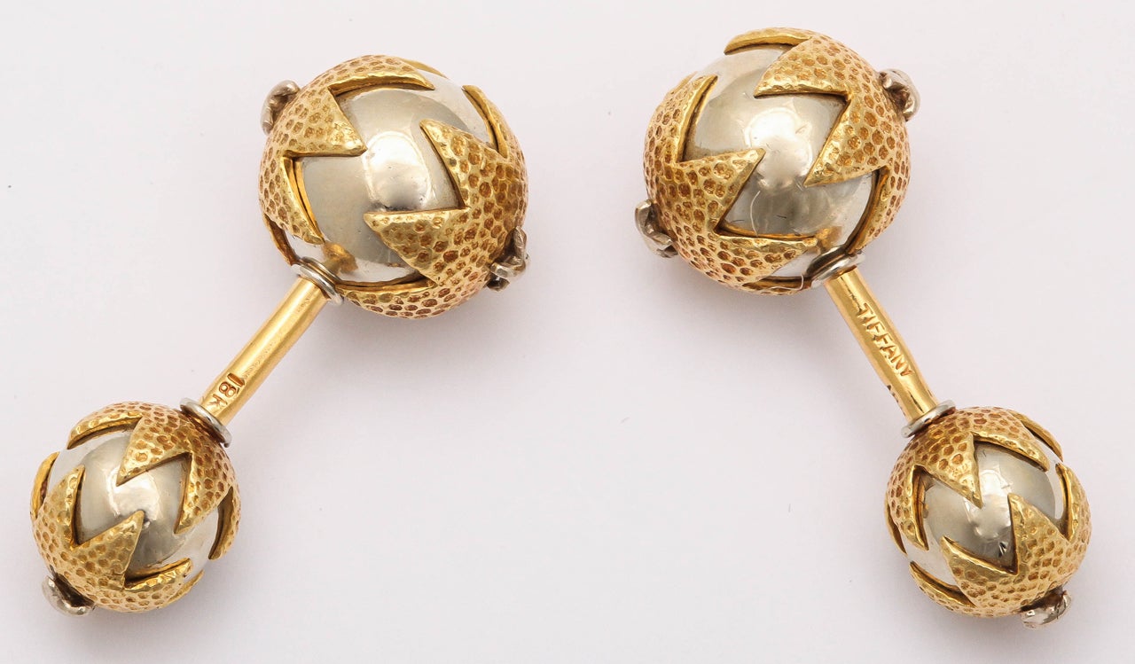 Exotic Cracked Egg gold and pearl stud set cufflink set, 3 shirt buttons & associated tie tack.  18Kt Yellow & White Gold & cultured Pearl.  Circa 1960.